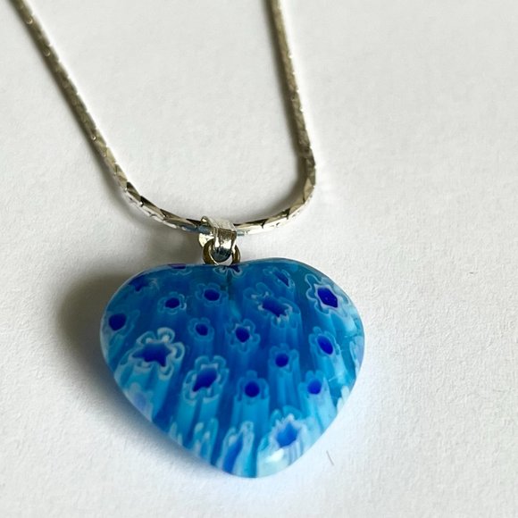 Aqua Blue Murano Art Glass Heart Necklace 18" Millefiori Flowers Silver Plated - Picture 3 of 9
